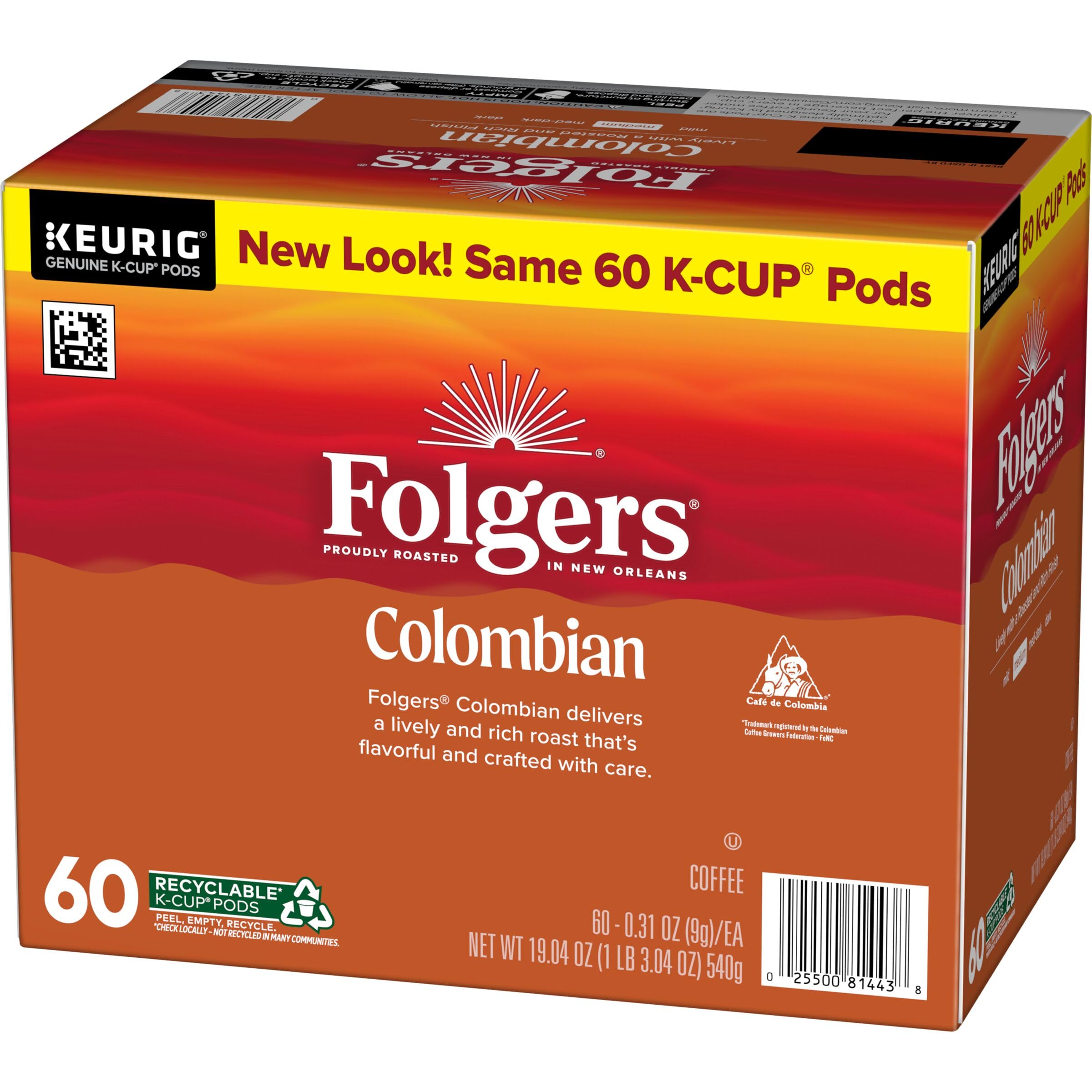 Folgers Colombian Coffee K-Cup pods total 60 pods for the week.