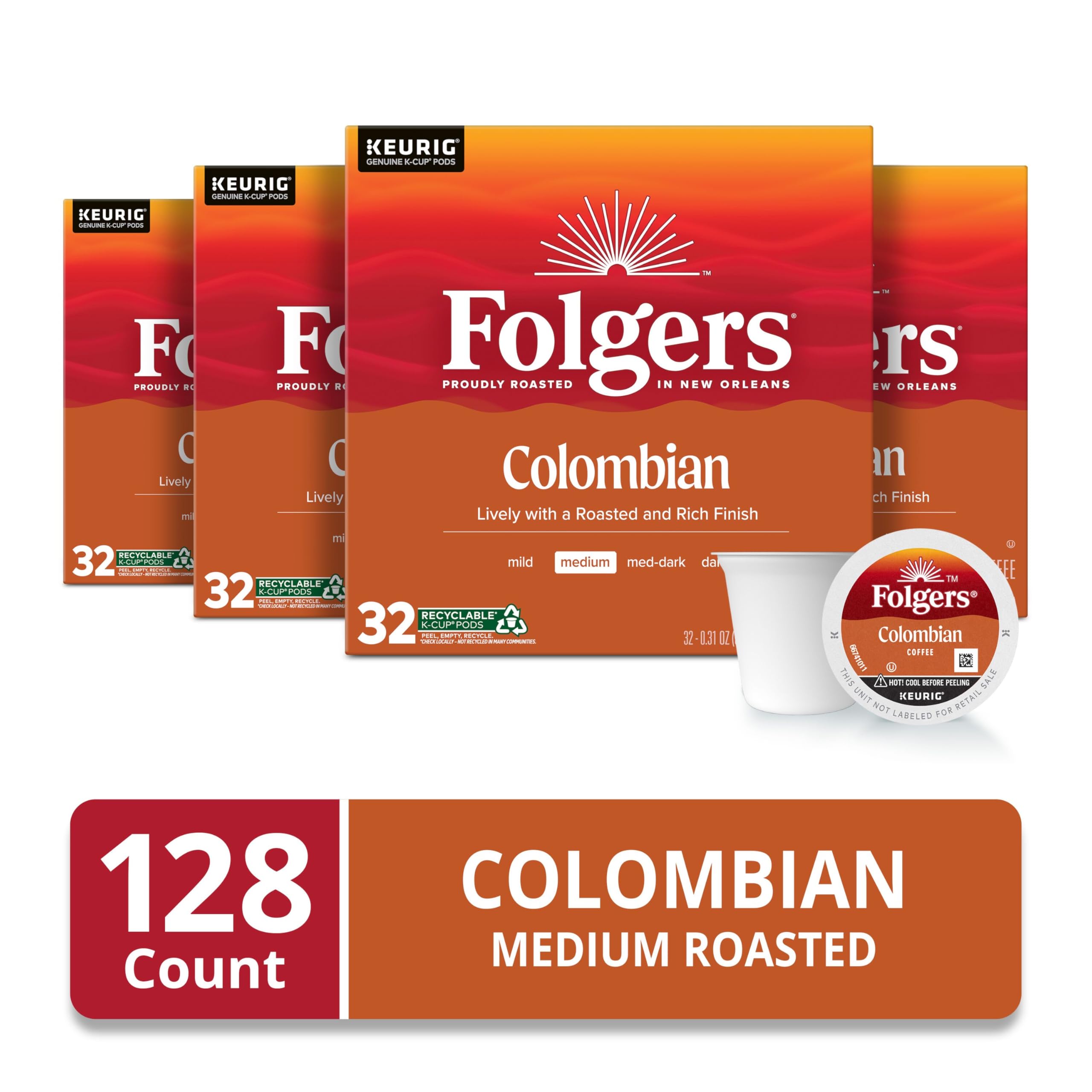 Folgers Colombian Coffee K-Cup pod mug shot showing medium roast