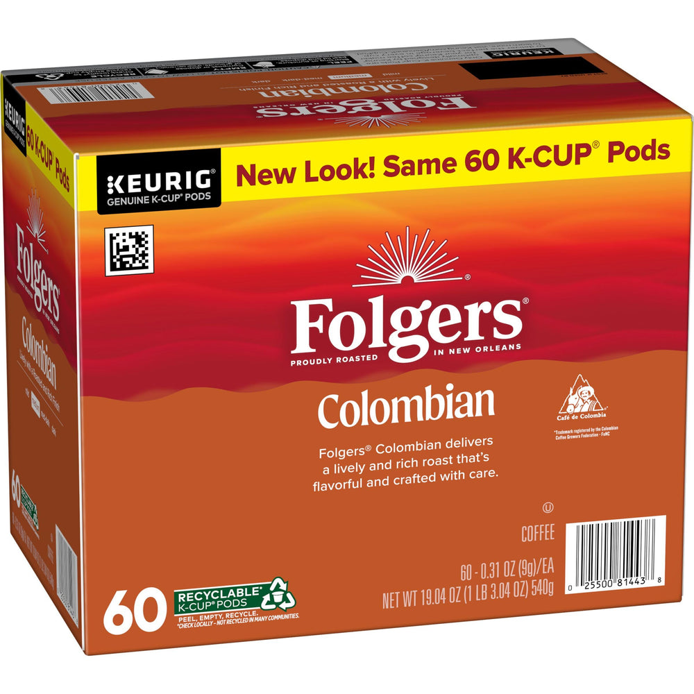 Folgers Colombian Coffee K-Cup pods New Orleans roast label highlights artisan roasting.
