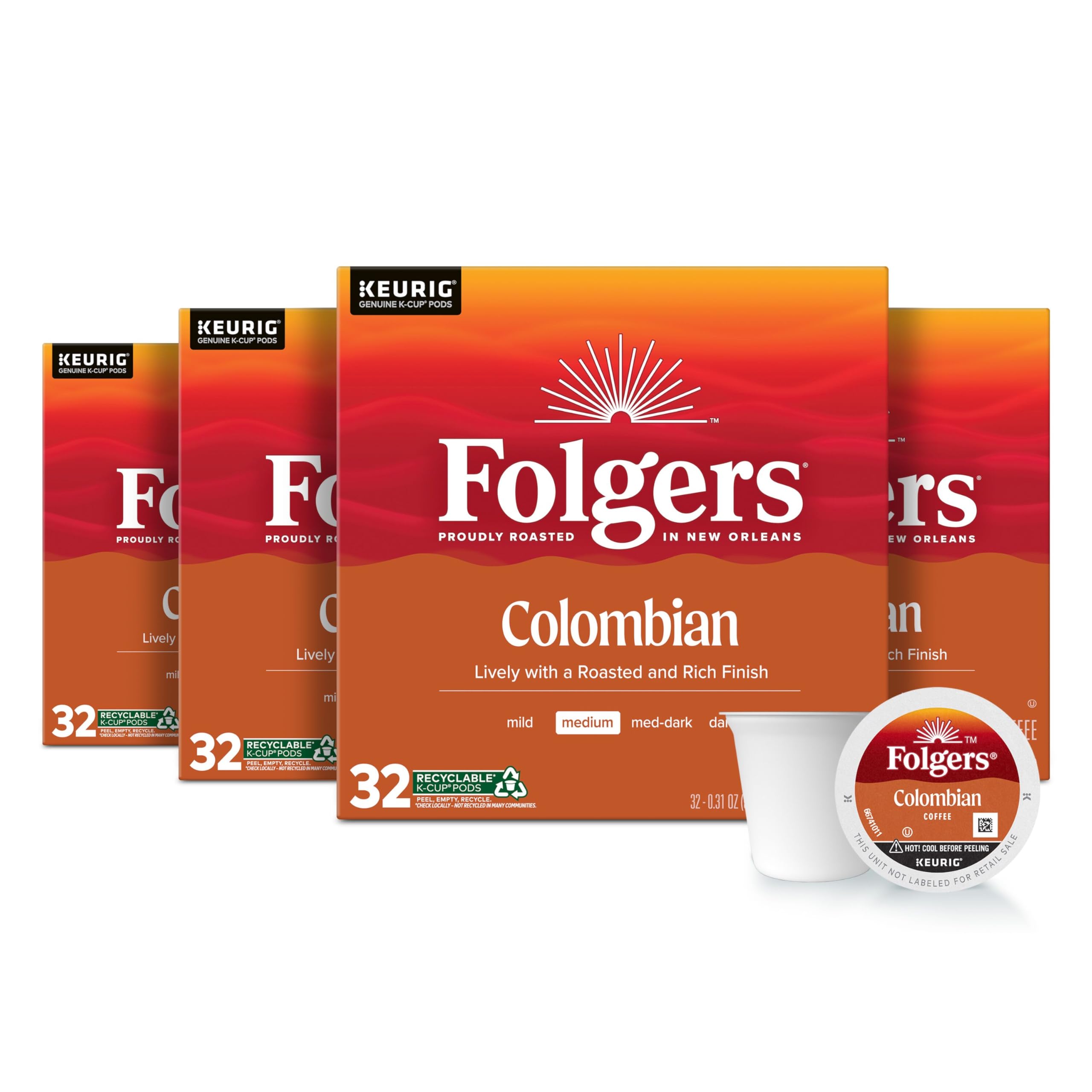 Folgers Colombian Coffee K-Cup pods in a 32-count box for quick morning brews