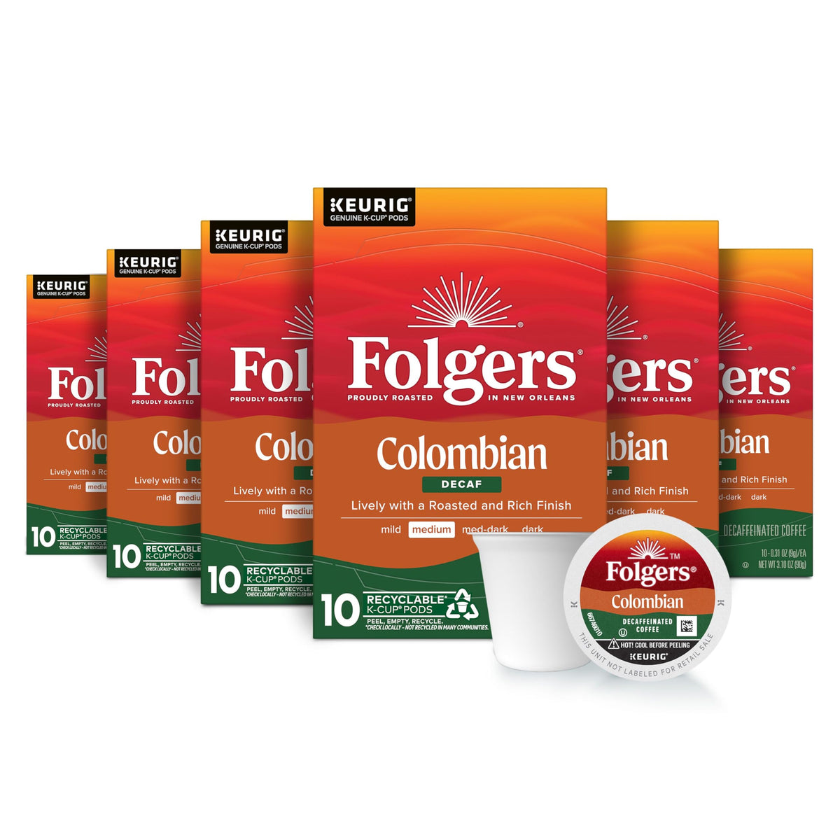 Folgers Colombian Decaf K-Cup pods, front of box, convenient morning ritual.