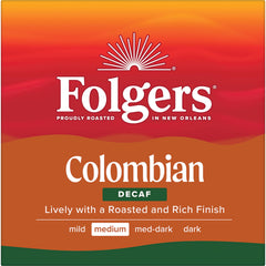 Folgers Colombian Decaf K-Cup pods, medium roast finish and aroma.