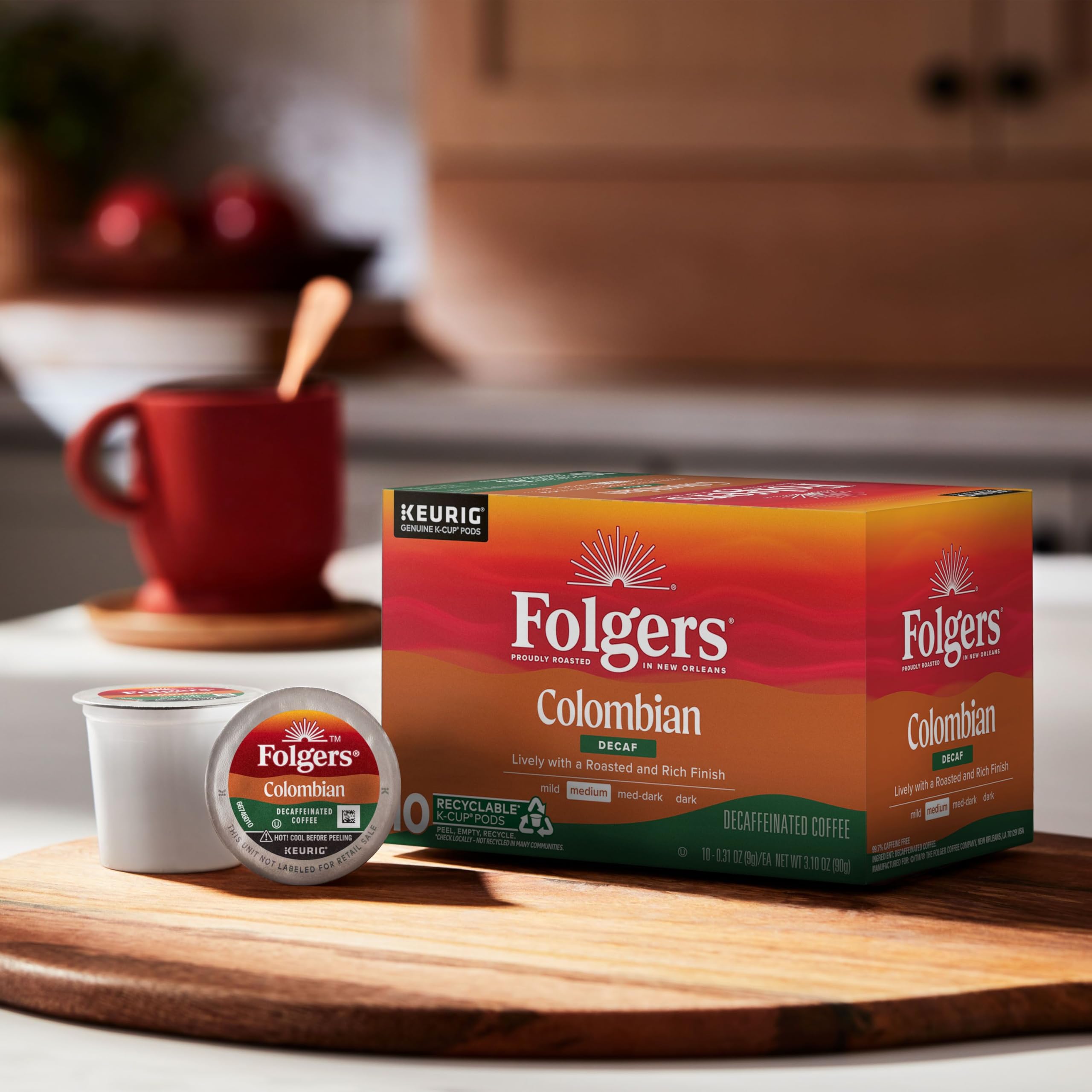 Folgers Colombian Decaf K-Cup pods, recycling notice; check local guidelines.