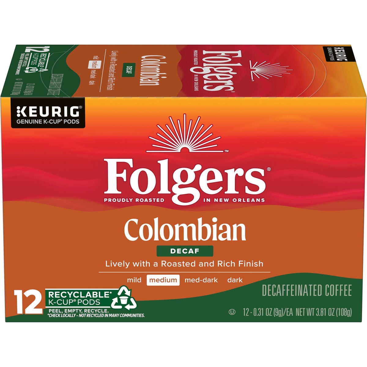Folgers Colombian Decaf Medium Roast K-Cup pods front view for quick mornings
