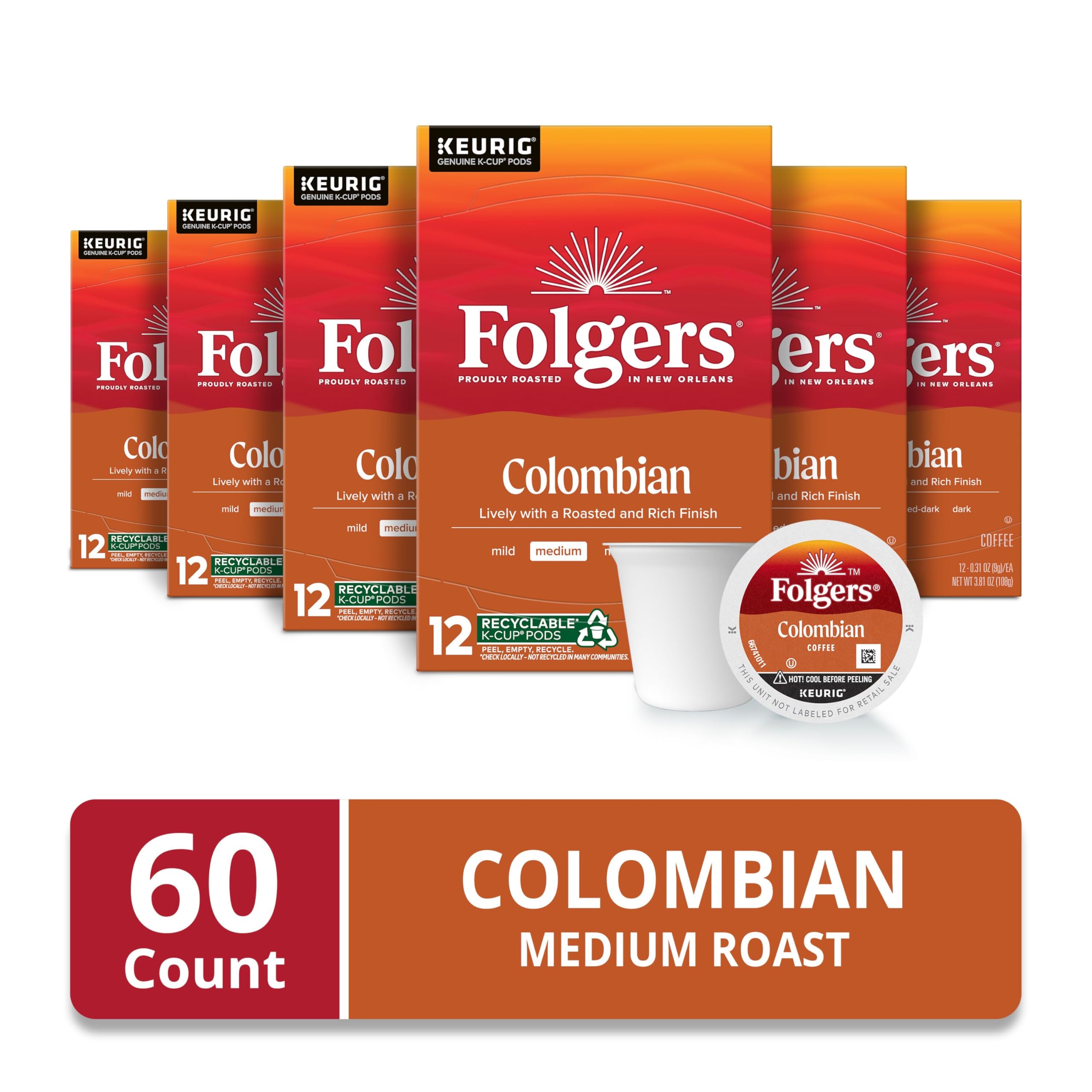 Folgers Colombian Medium Roast K-Cups packaging on a kitchen counter.