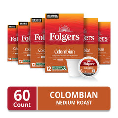 Folgers Colombian Medium Roast K-Cups packaging on a kitchen counter.
