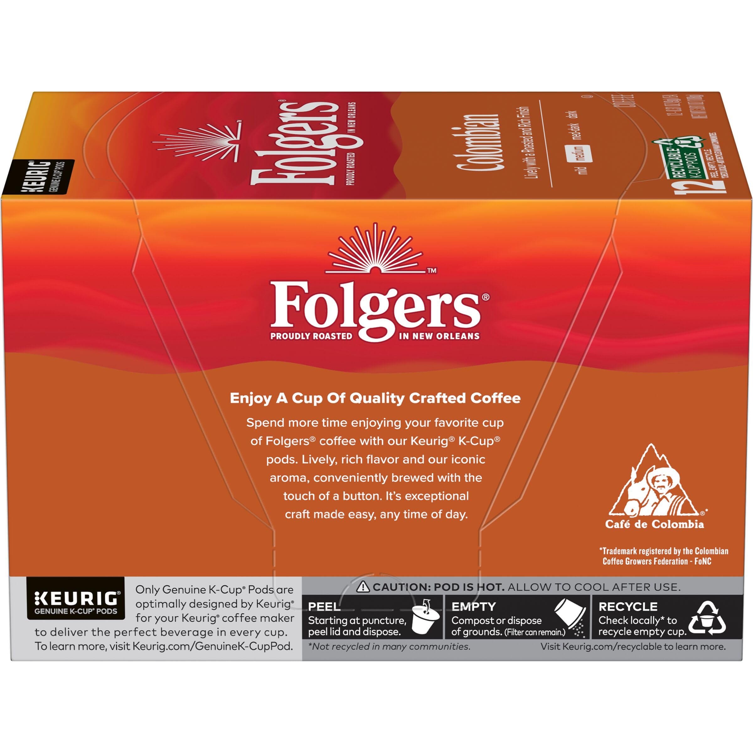 Six boxes of Folgers K-Cup pods stacked together.