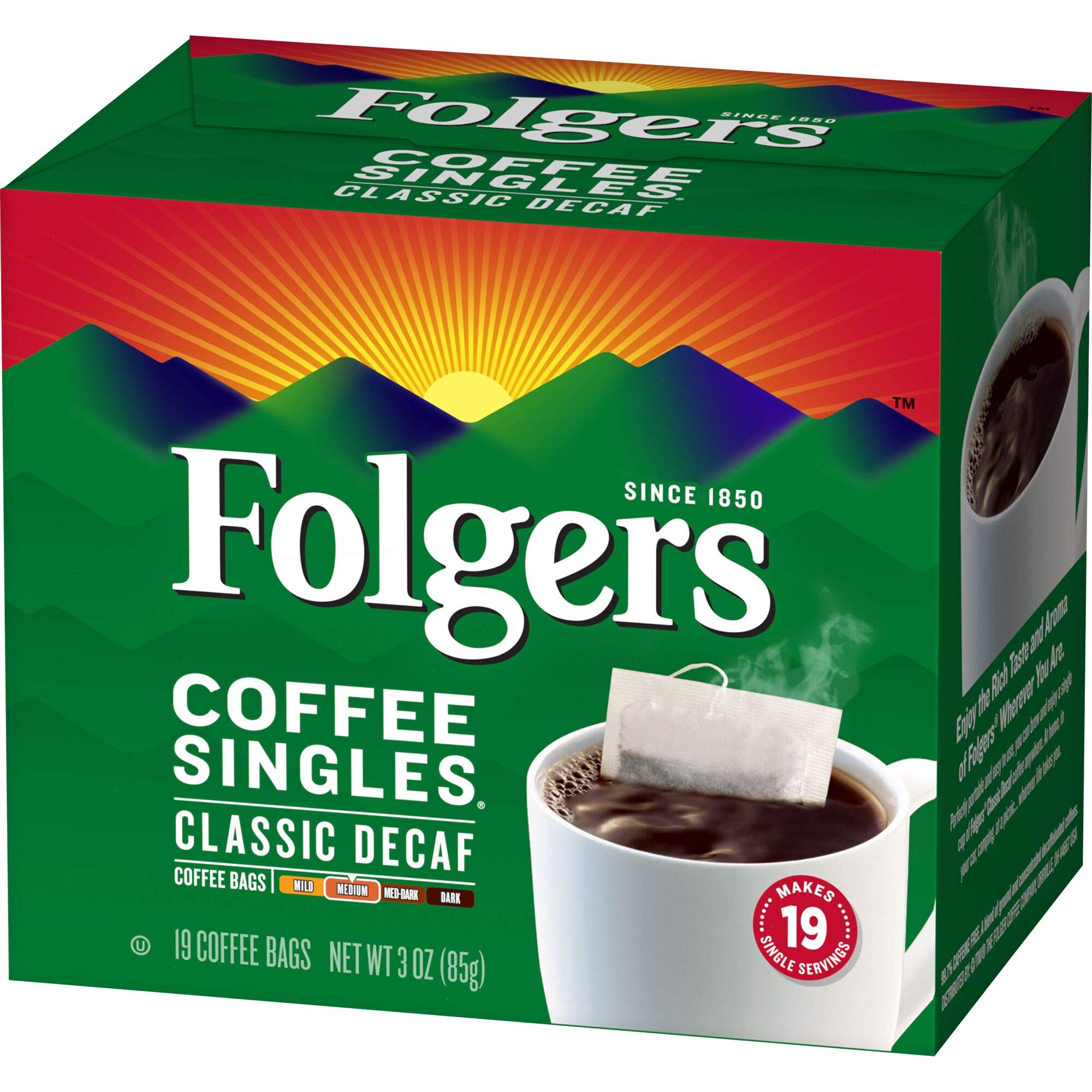 Folgers Decaf aroma rising from a brewed cup signaling a smooth medium roast.