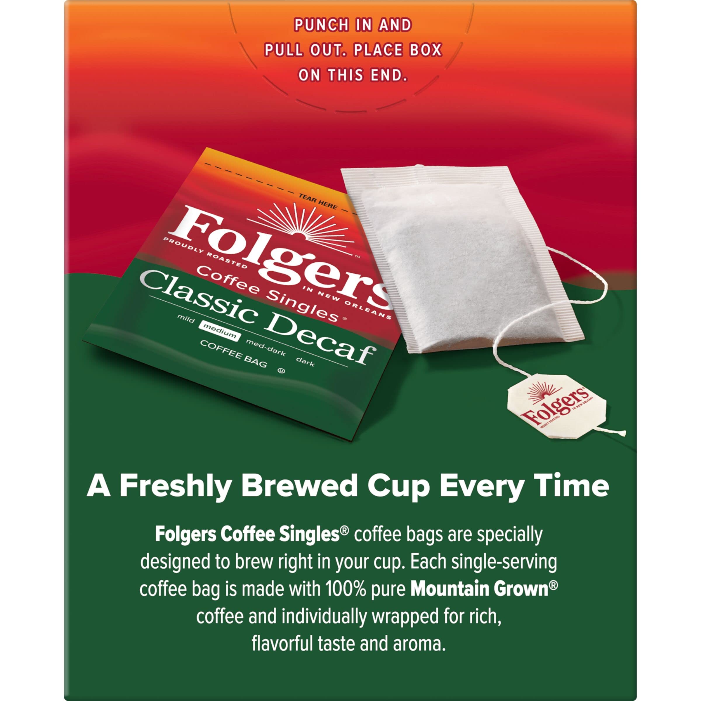 Mug shows rich Folgers decaf aroma after brewing.