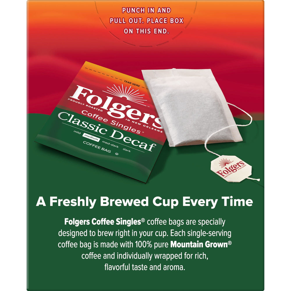 Mug shows rich Folgers decaf aroma after brewing.