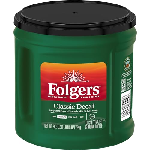 Folgers decaf coffee beans closeup highlights rich medium roast quality and consistent grind.