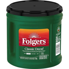 Folgers decaf coffee beans closeup highlights rich medium roast quality and consistent grind.