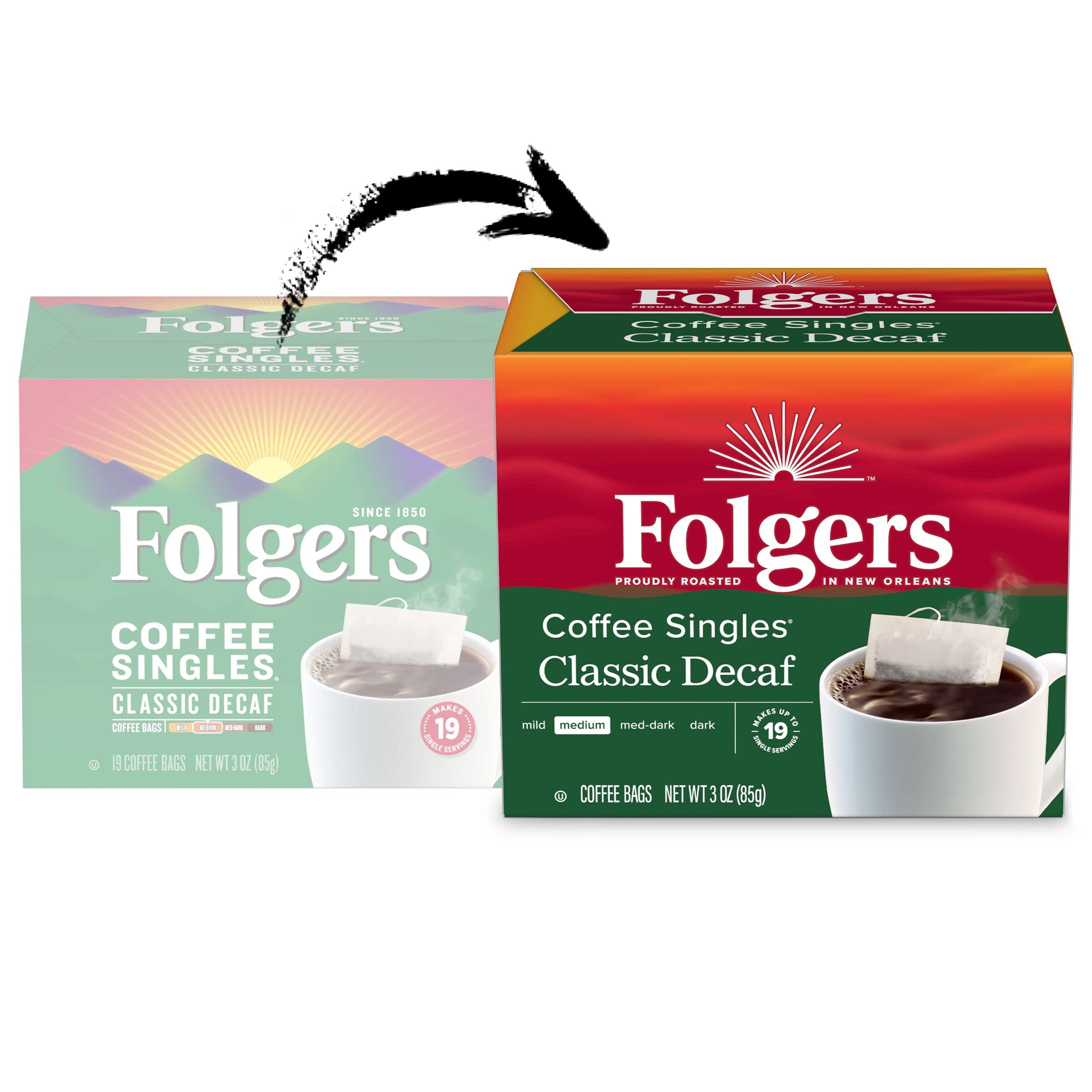 Morning kitchen scene with Folgers decaf singles for on-the-go routines.