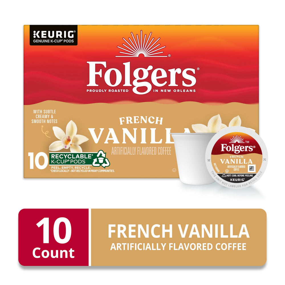Steaming cup of Folgers French Vanilla with inviting aroma.
