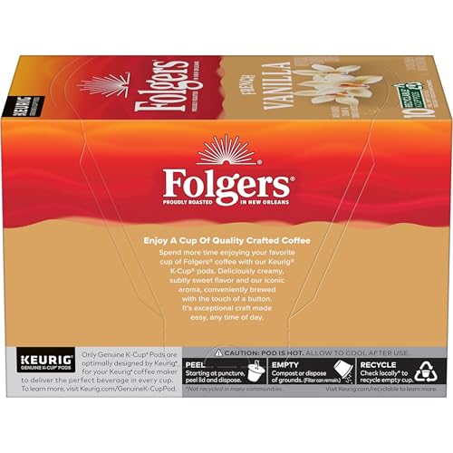 Close-up of Folgers French Vanilla K-Cups highlighting creamy vanilla flavor.