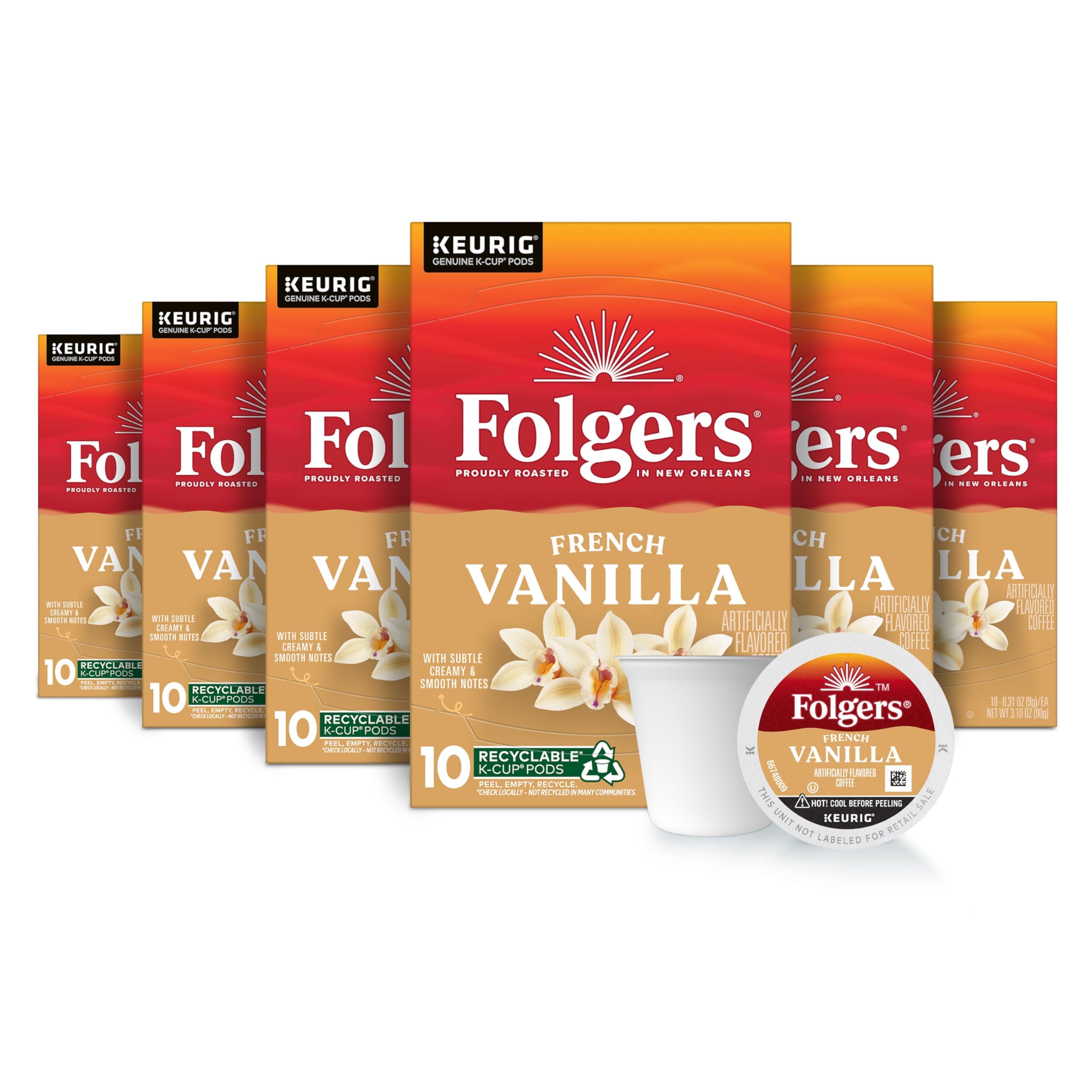 Folgers French Vanilla K-Cup pod for a creamy, aromatic cup.