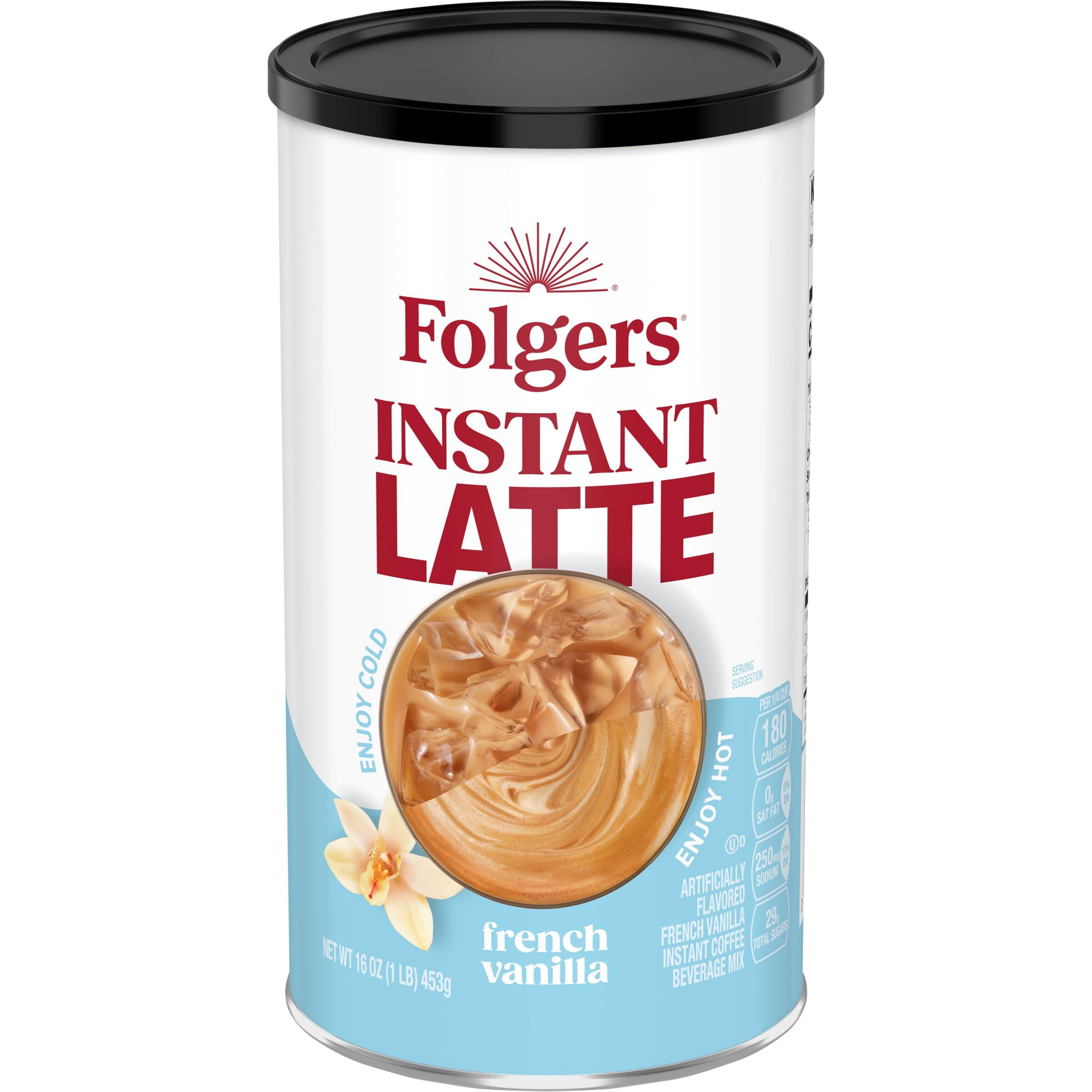 Folgers French Vanilla latte canister ready for quick mornings