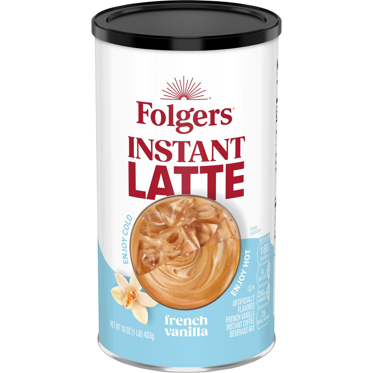 Folgers French Vanilla latte canister ready for quick mornings