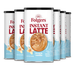 Folgers French Vanilla latte canisters shown in a six-pack for quick morning coffee