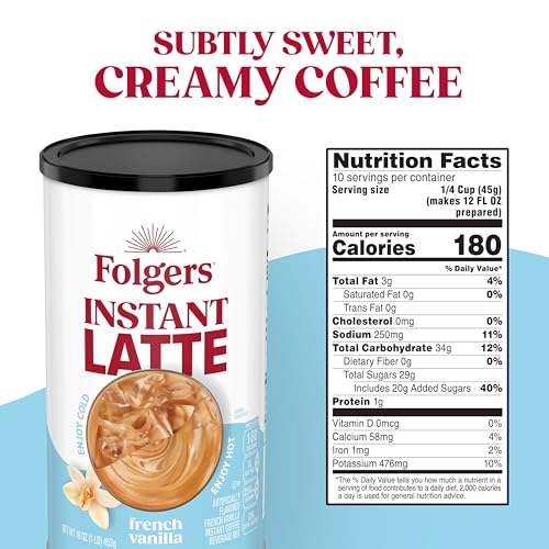 Close-up of Folgers French Vanilla latte packaging highlighting instant mix convenience