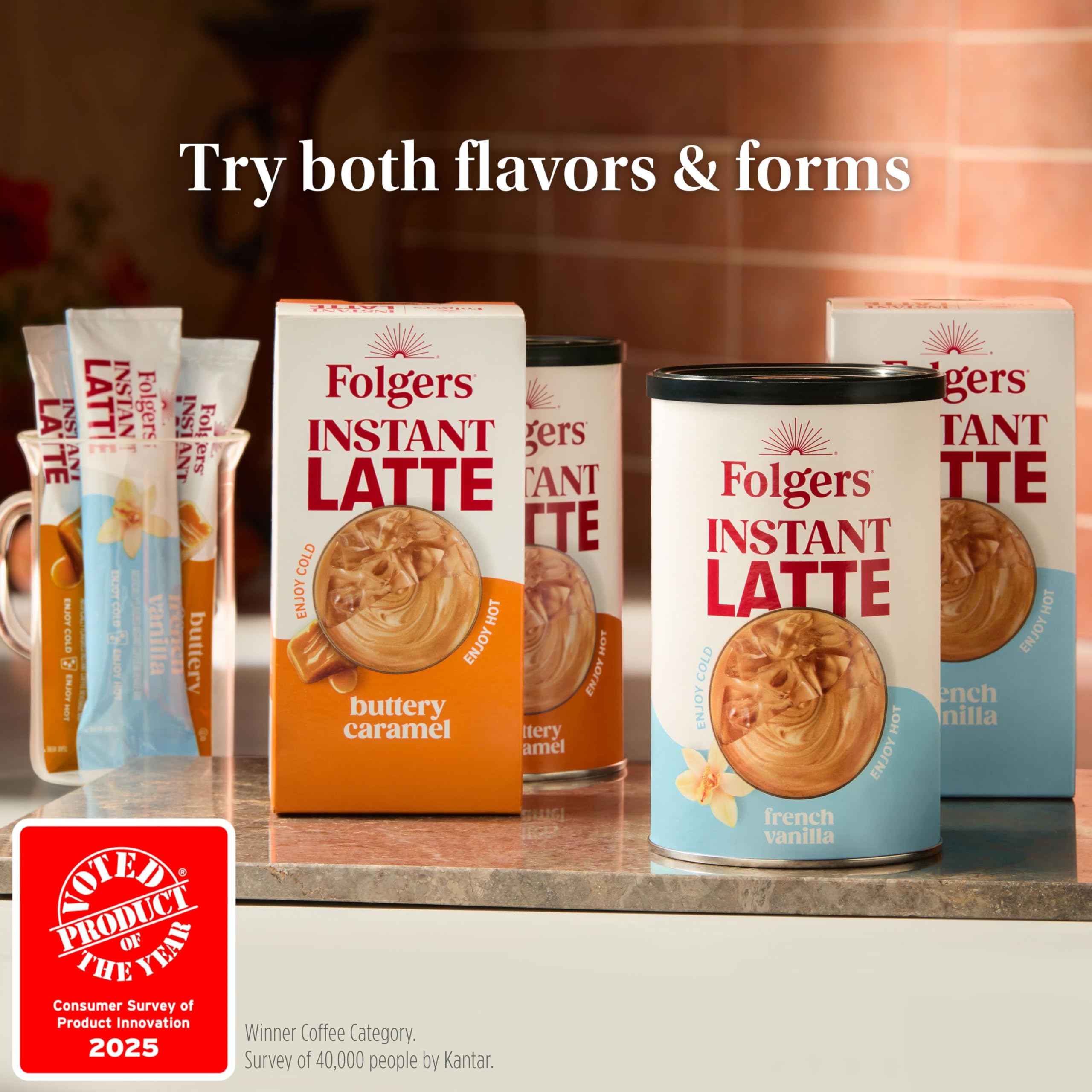 Six-pack Folgers French Vanilla latte kit neatly displayed on kitchen counter