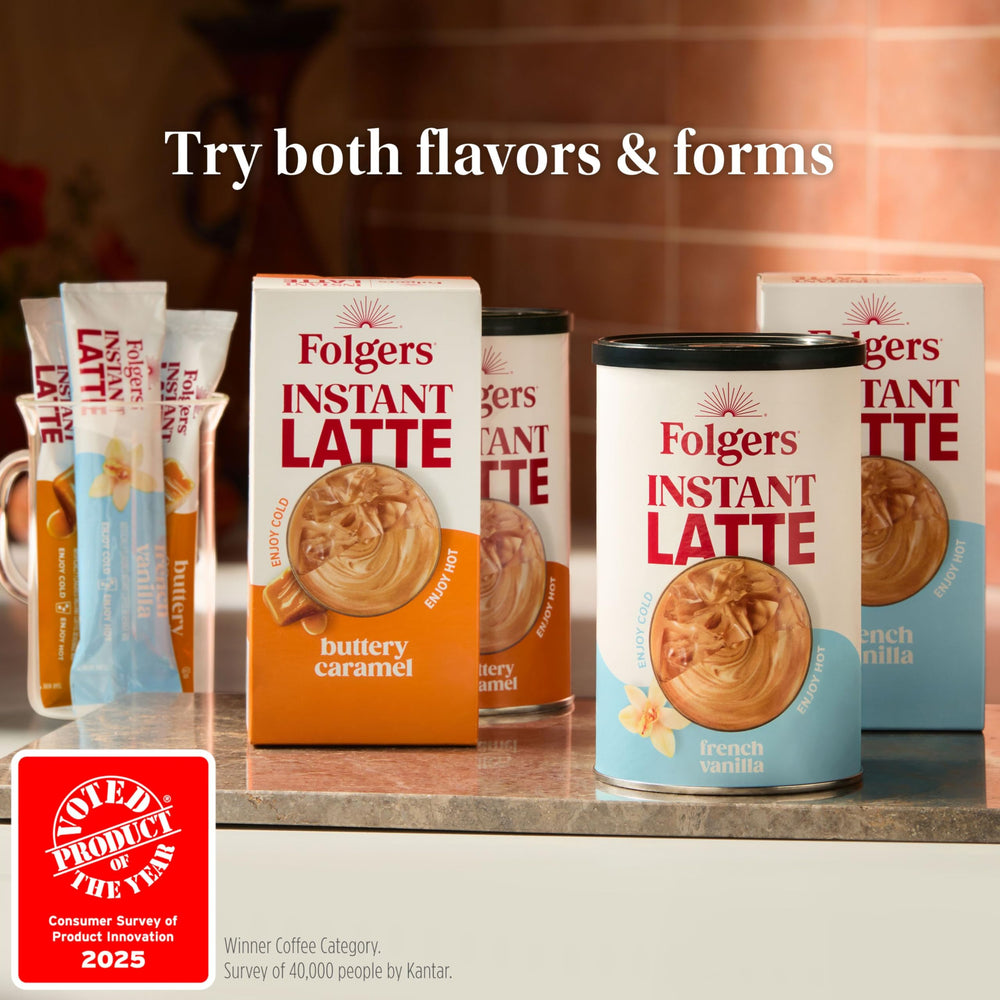 Six-pack Folgers French Vanilla latte kit neatly displayed on kitchen counter