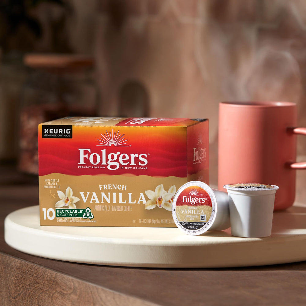 French Vanilla pods in a box ready for Keurig brewing.