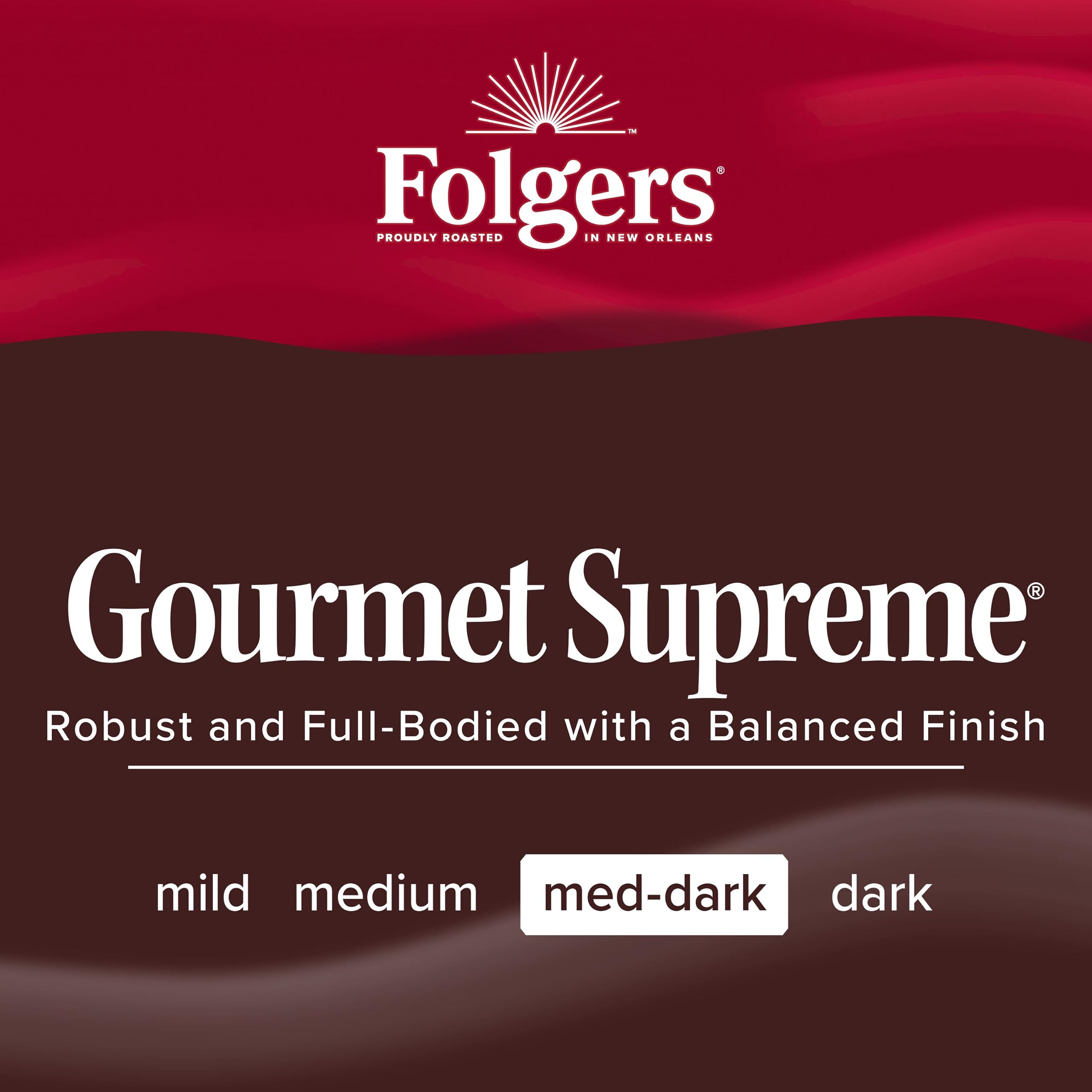 Folgers Gourmet Supreme cup ready image signals quick, satisfying coffee moments.