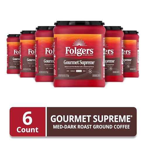 Folgers Gourmet Supreme ground coffee beans emphasize robust, full-bodied flavor.
