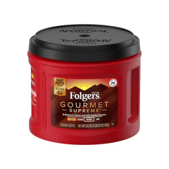 Folgers Gourmet Supreme medium-dark roast ground coffee in a 24oz canister, ideal for drip or French press