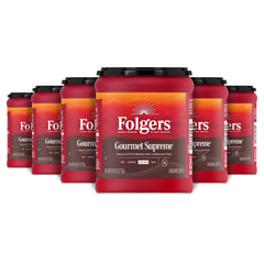 Folgers Gourmet Supreme six-pack canisters offer convenient daily coffee supply.