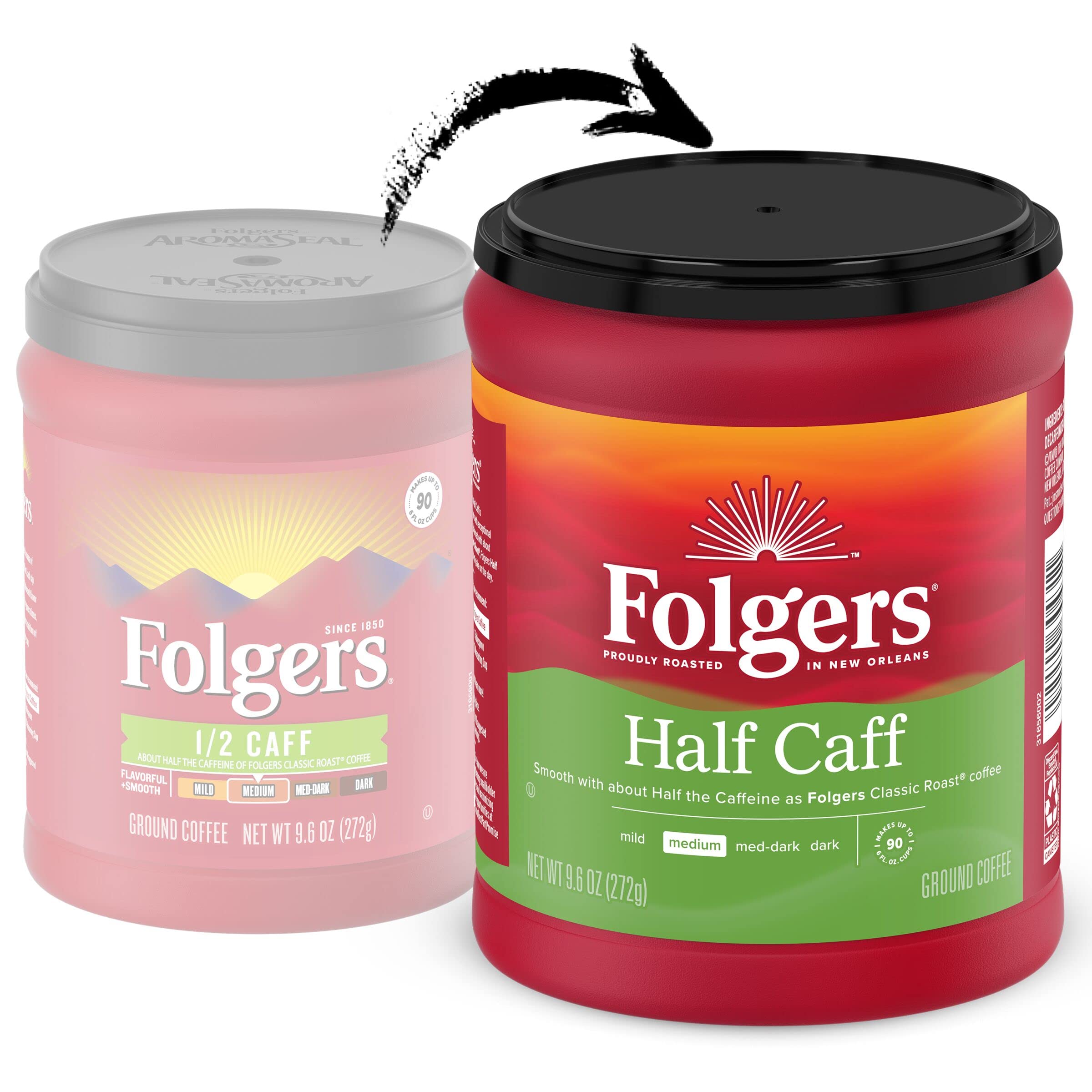 Folgers Half Caff aroma-seal canister on the counter preserves freshness between brews.