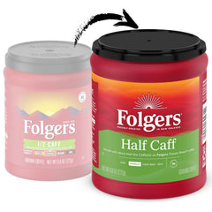 Folgers Half Caff aroma-seal canister on the counter preserves freshness between brews.