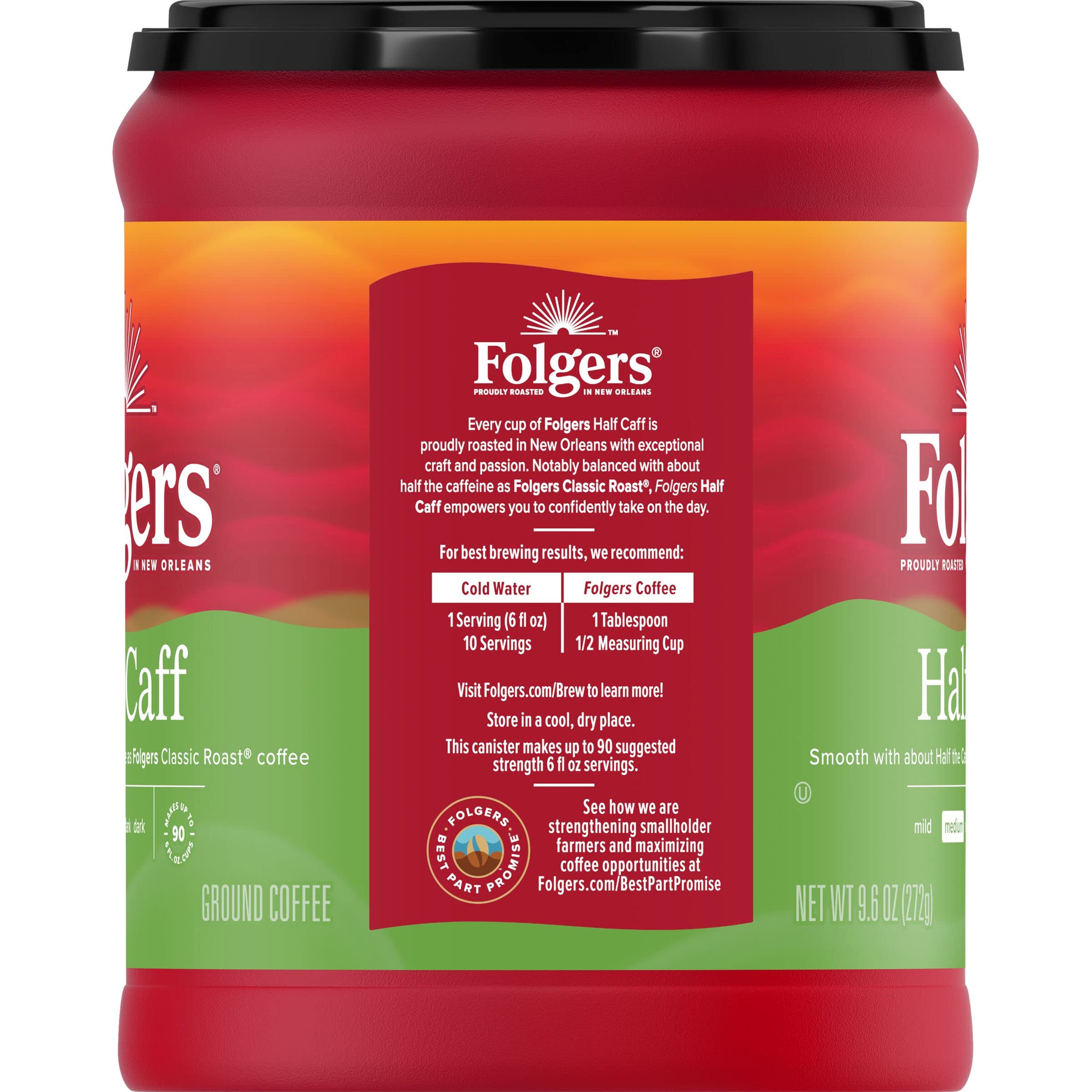 Folgers Half Caff coffee beans shown in close-up suggest rich flavor.
