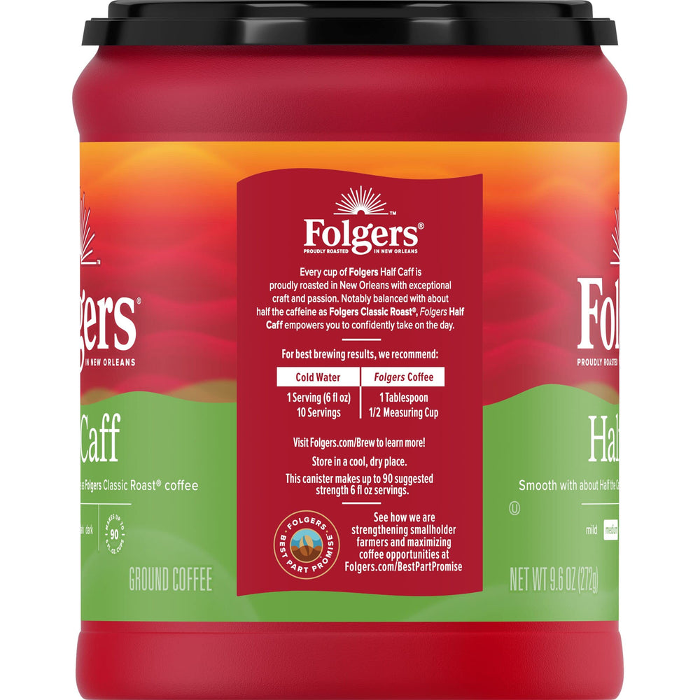 Folgers Half Caff coffee beans shown in close-up suggest rich flavor.