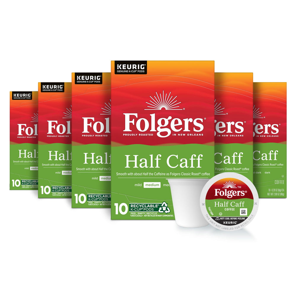 Folgers Half Caff K-Cup box for quick morning brews.
