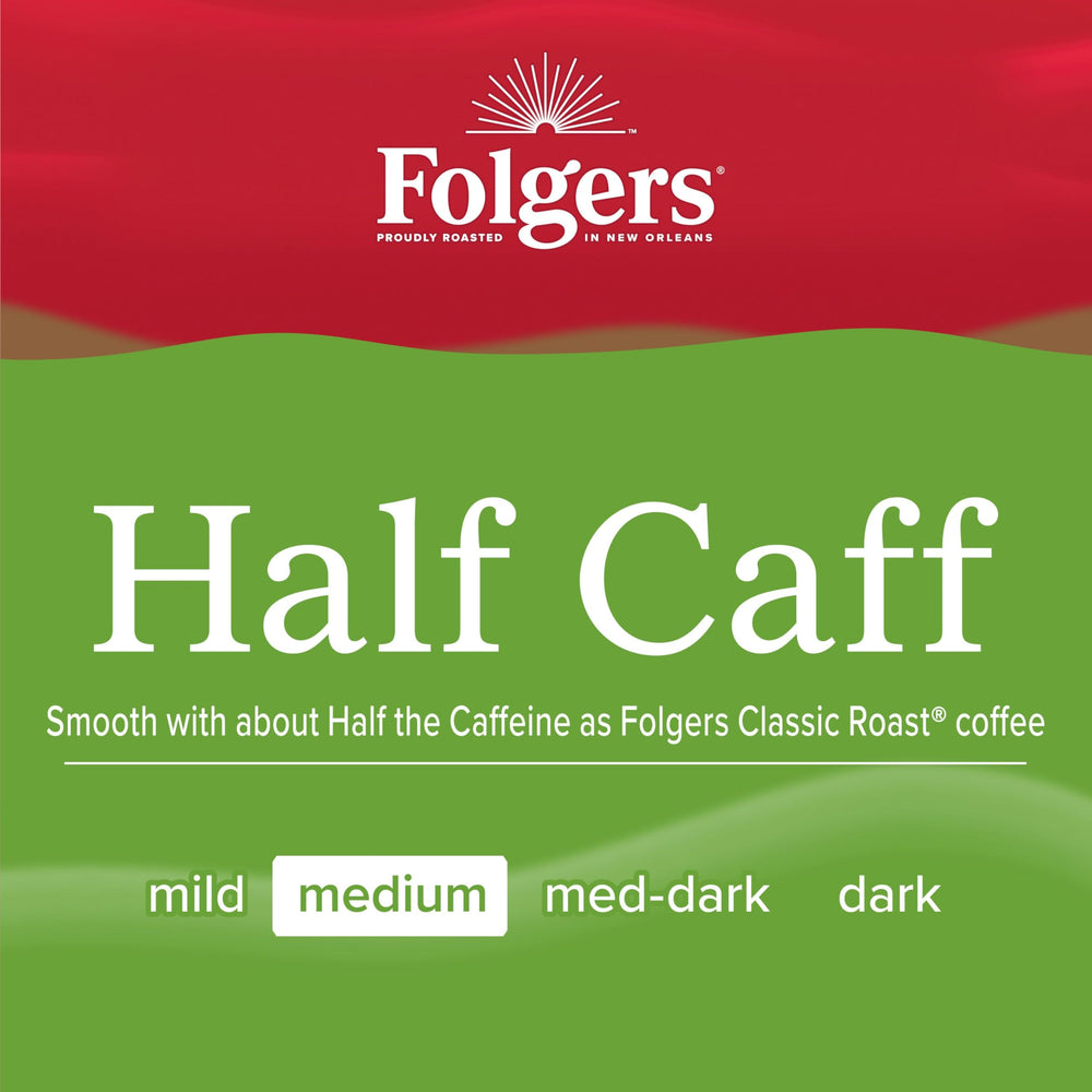 Stacked Folgers Half Caff pods beside a freshly poured cup