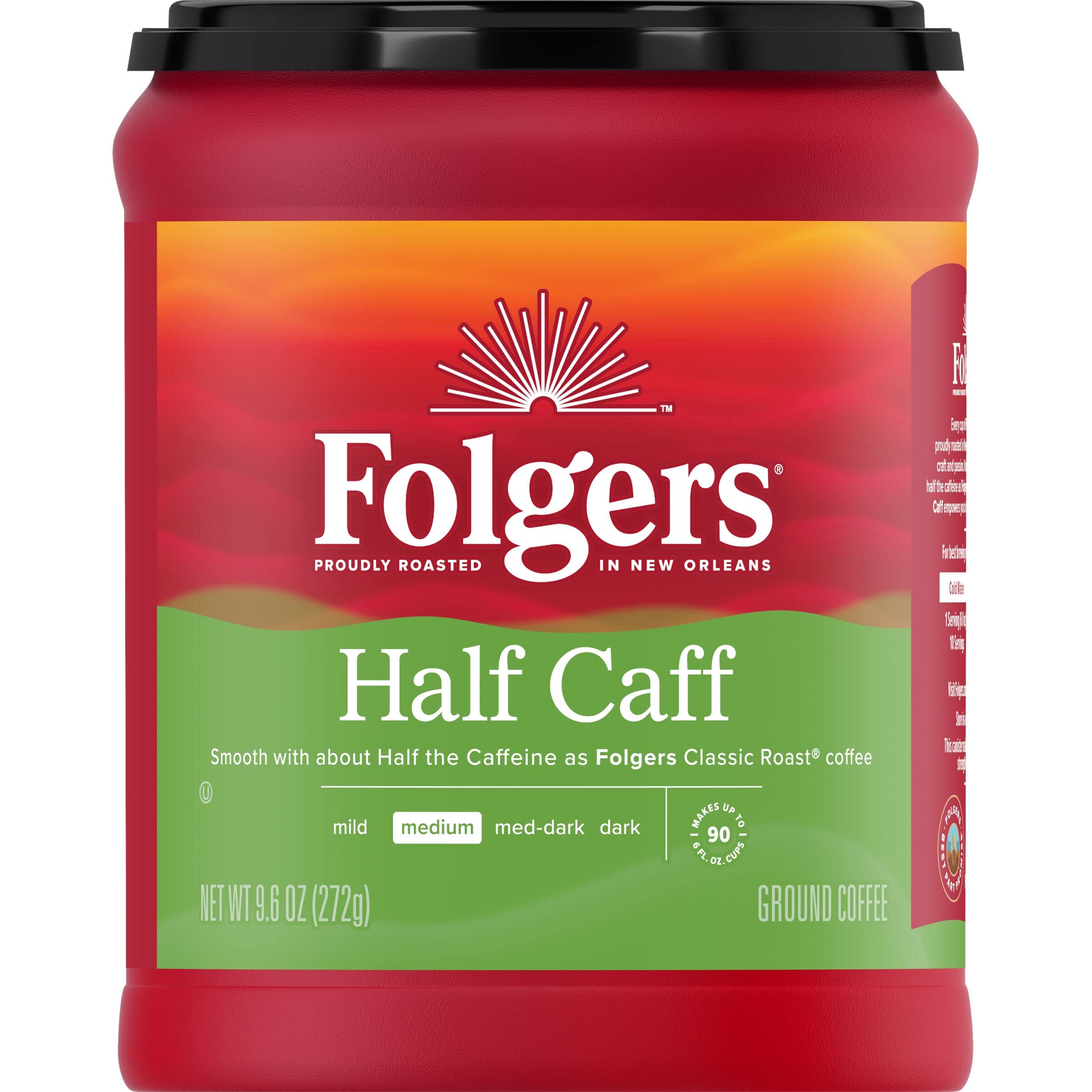Folgers Half Caff ground coffee canister on a kitchen counter, ideal for a smoother morning routine.