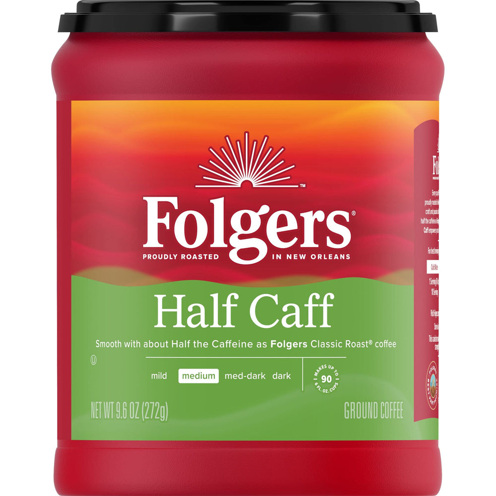 Folgers Half Caff ground coffee canister on a kitchen counter, ideal for a smoother morning routine.