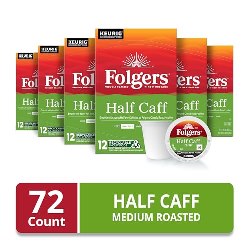 Folgers Half Caff K-Cup pods close-up showing half caffeine level