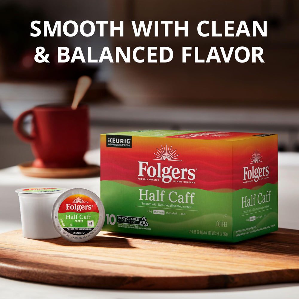 Folgers Half Caff pods compatible with Keurig brewers for easy brewing