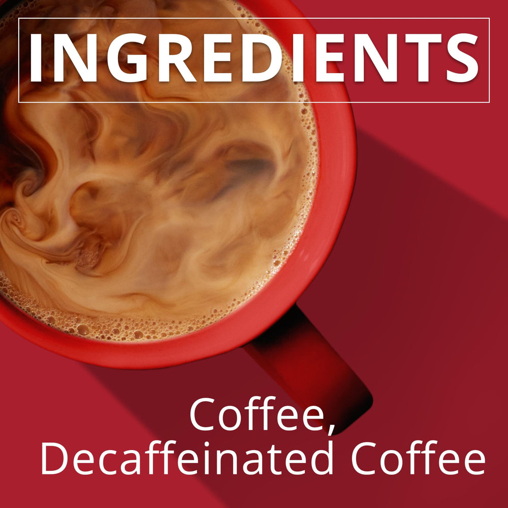Folgers Half Caff label and packaging clearly show caffeine and roast details