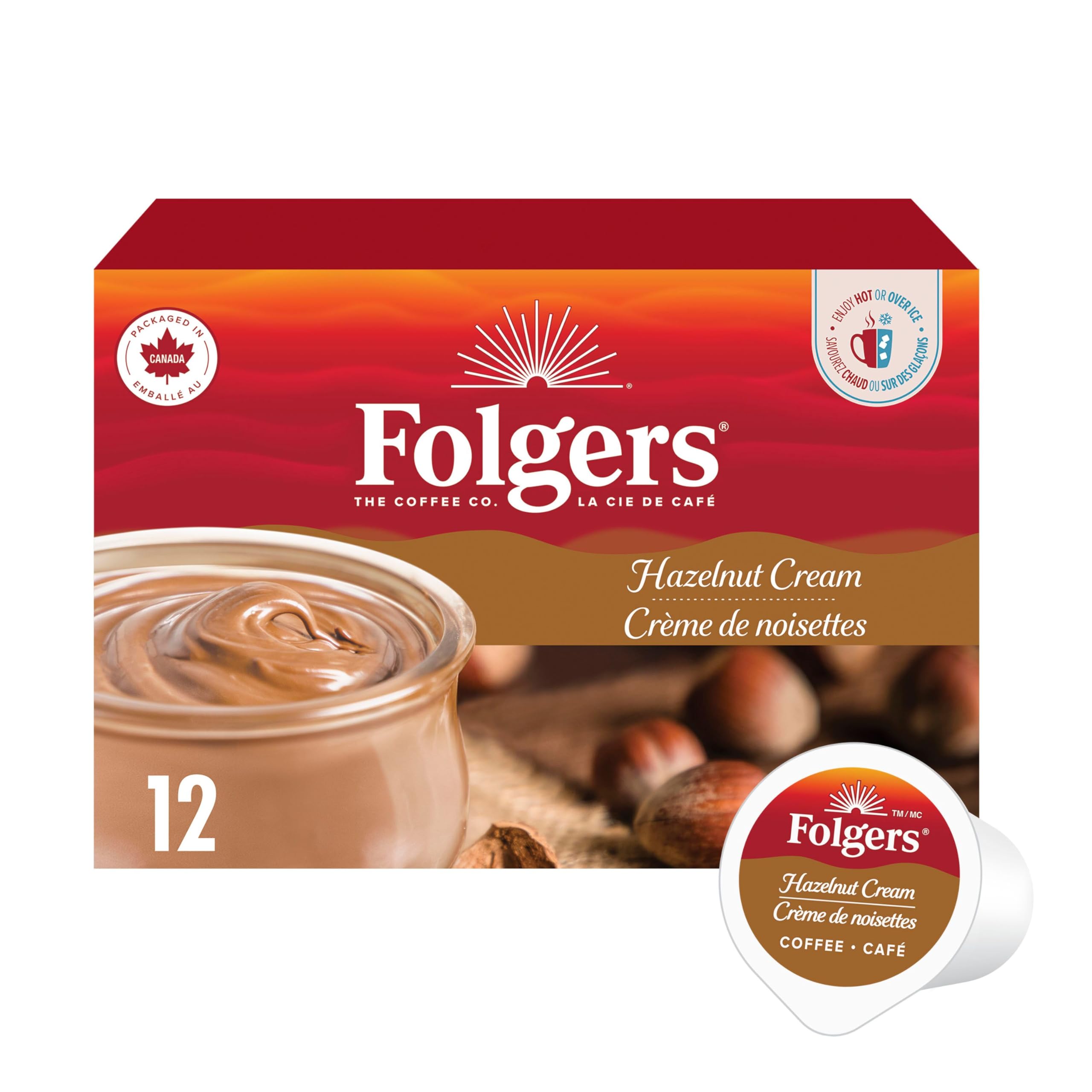 Folgers Hazelnut Cream K-Cup coffee pods packaging for quick single-serve mornings.