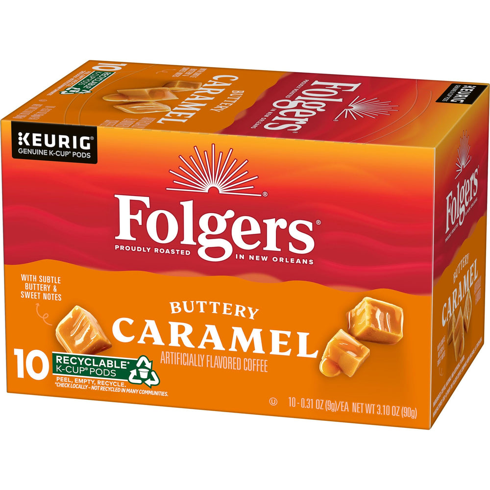 Folgers K-Cup pods displayed on shelf for easy access.