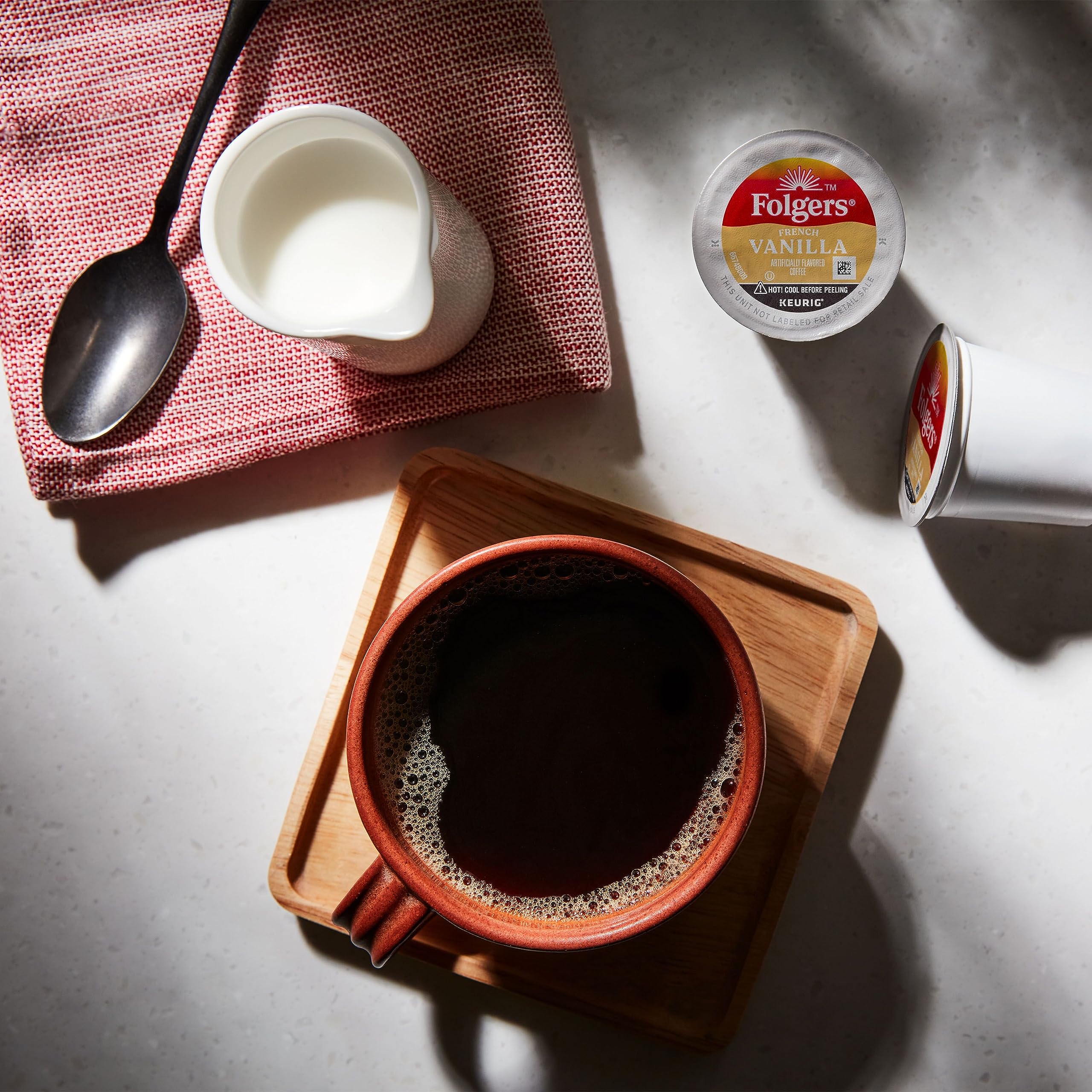 Keurig-compatible Folgers pods brew quickly for busy mornings.