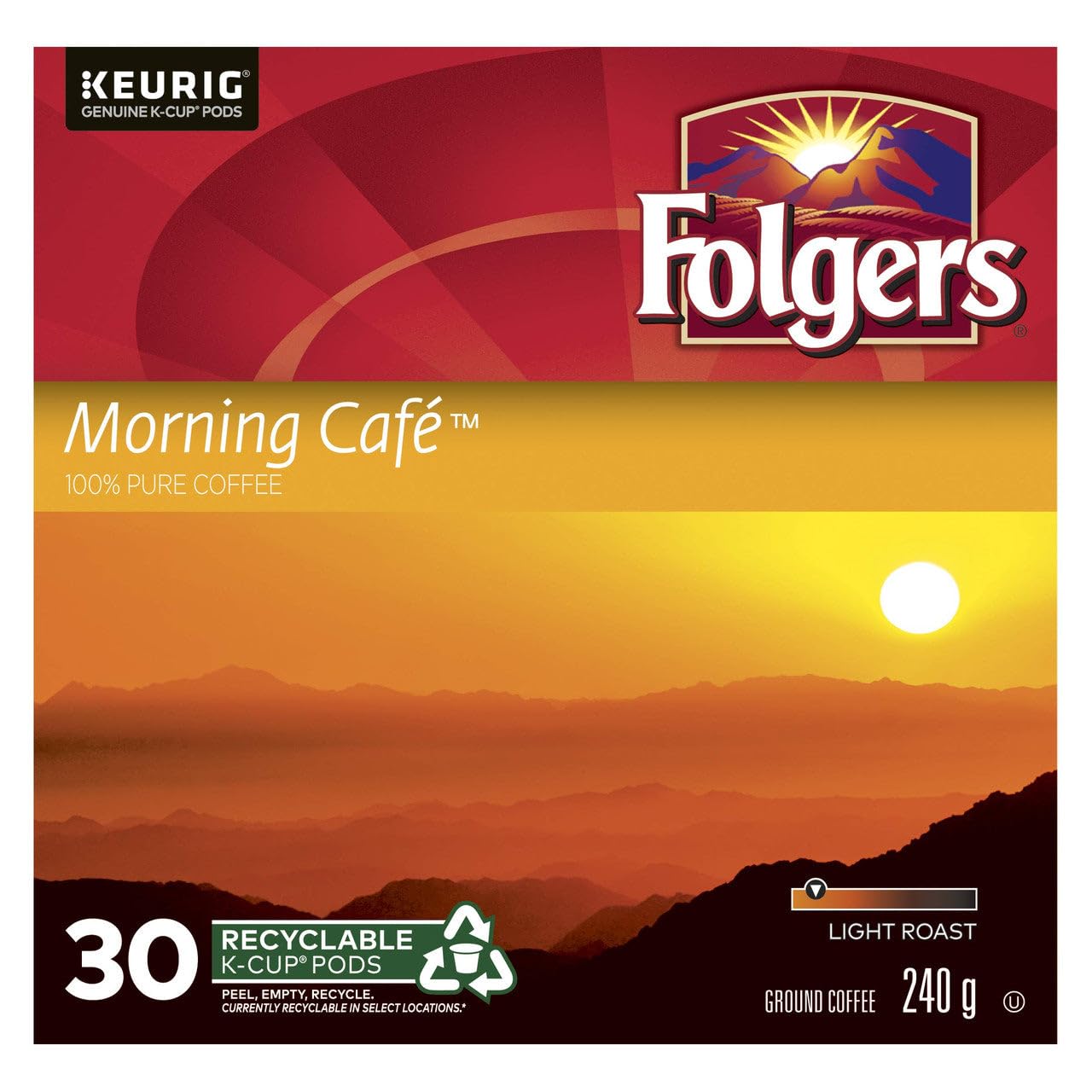 Folgers Morning Café packaging sleeve, easy-to-use compatibility with most K-Cup brewers.