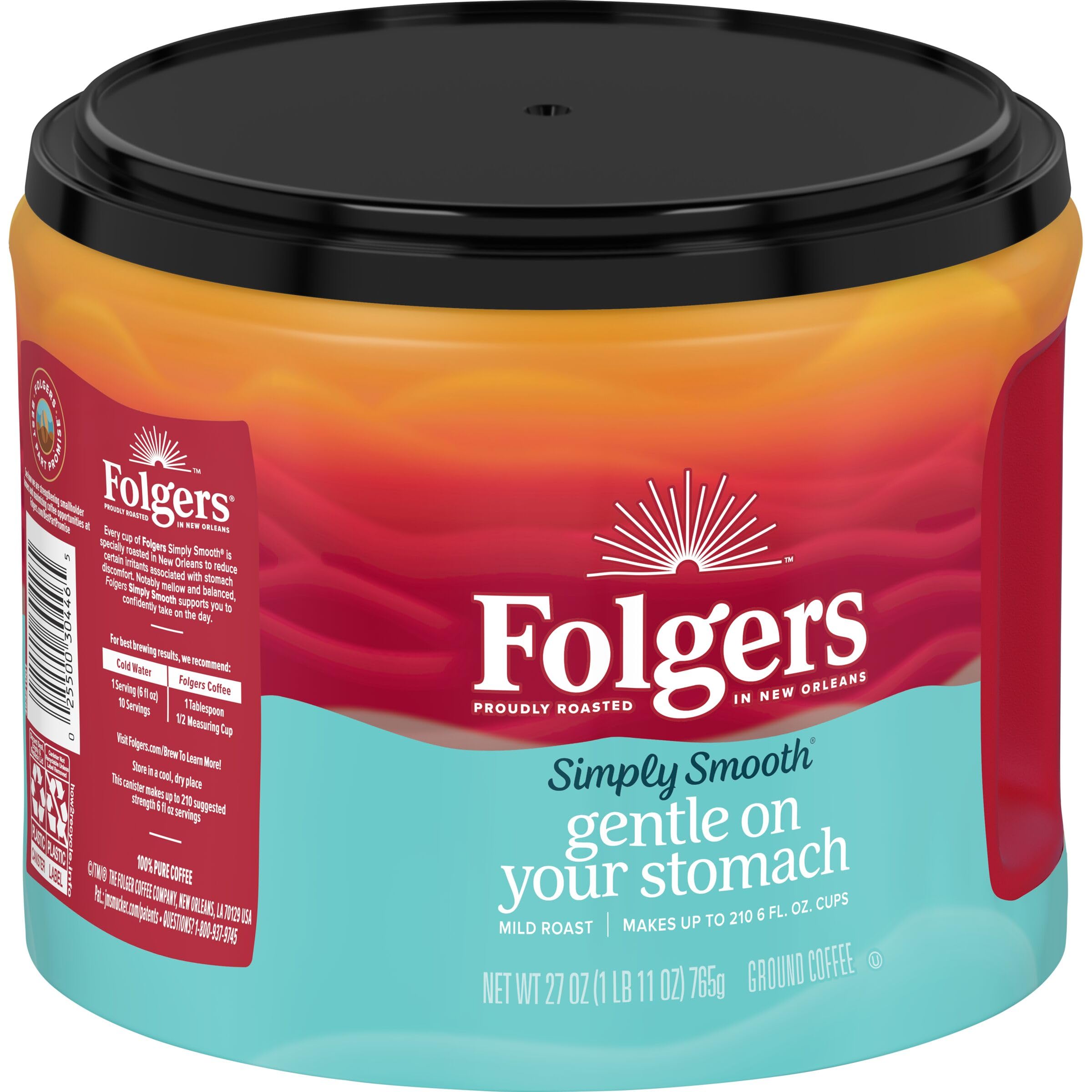 Folgers Simply Smooth canister label close-up highlighting easy-brew packaging.