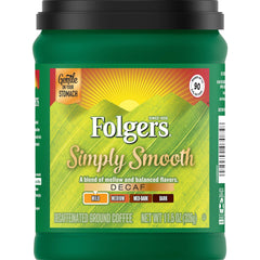 Folgers Simply Smooth Decaf canister close-up showing fresh aroma and easy brew