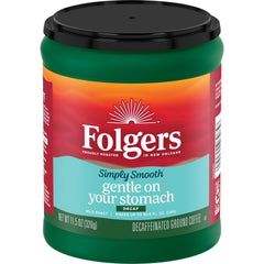 Folgers Simply Smooth Decaf canister front view highlighting easy storage and freshness.