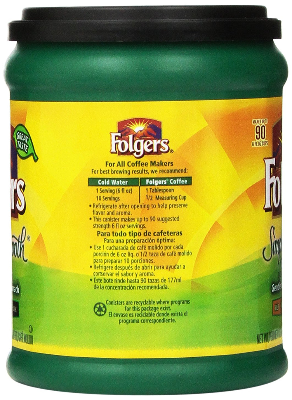 Folgers Simply Smooth Decaf ground coffee in scoop for measured brewing